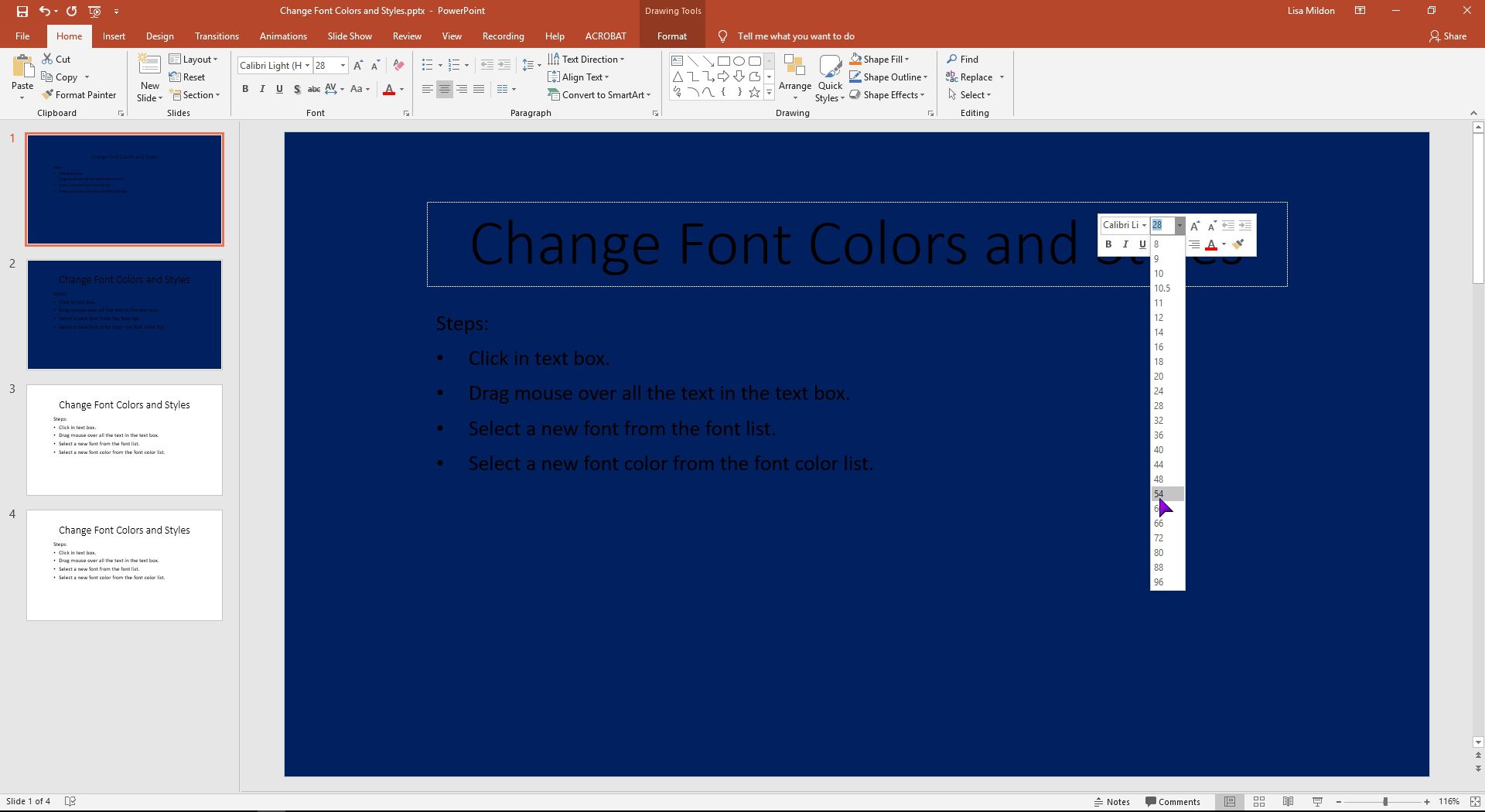 Snímek aplikace PowerPoint zobrazující zvětšené písmo.