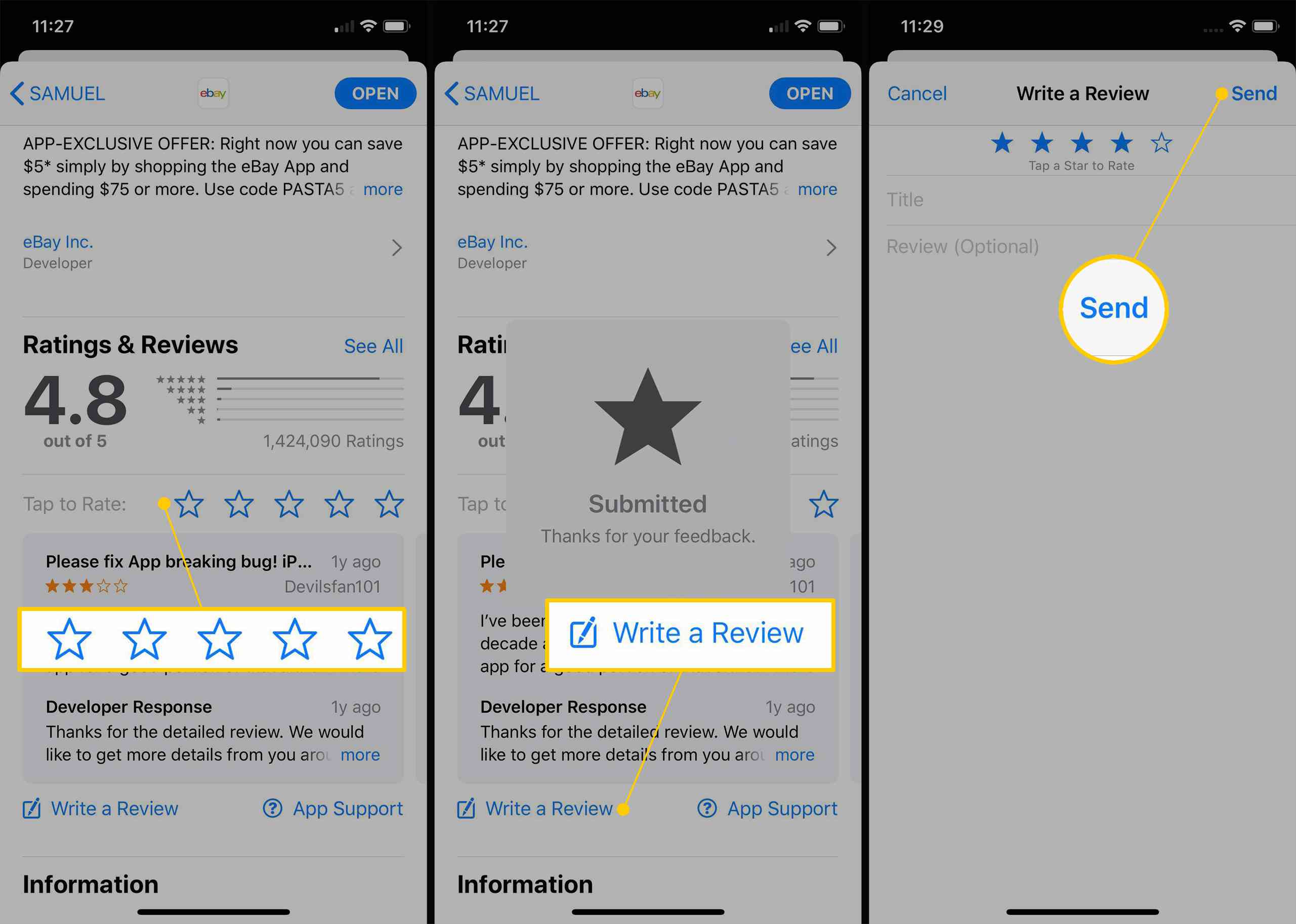 Hodnocení a psaní recenze aplikace v Apple App Store.