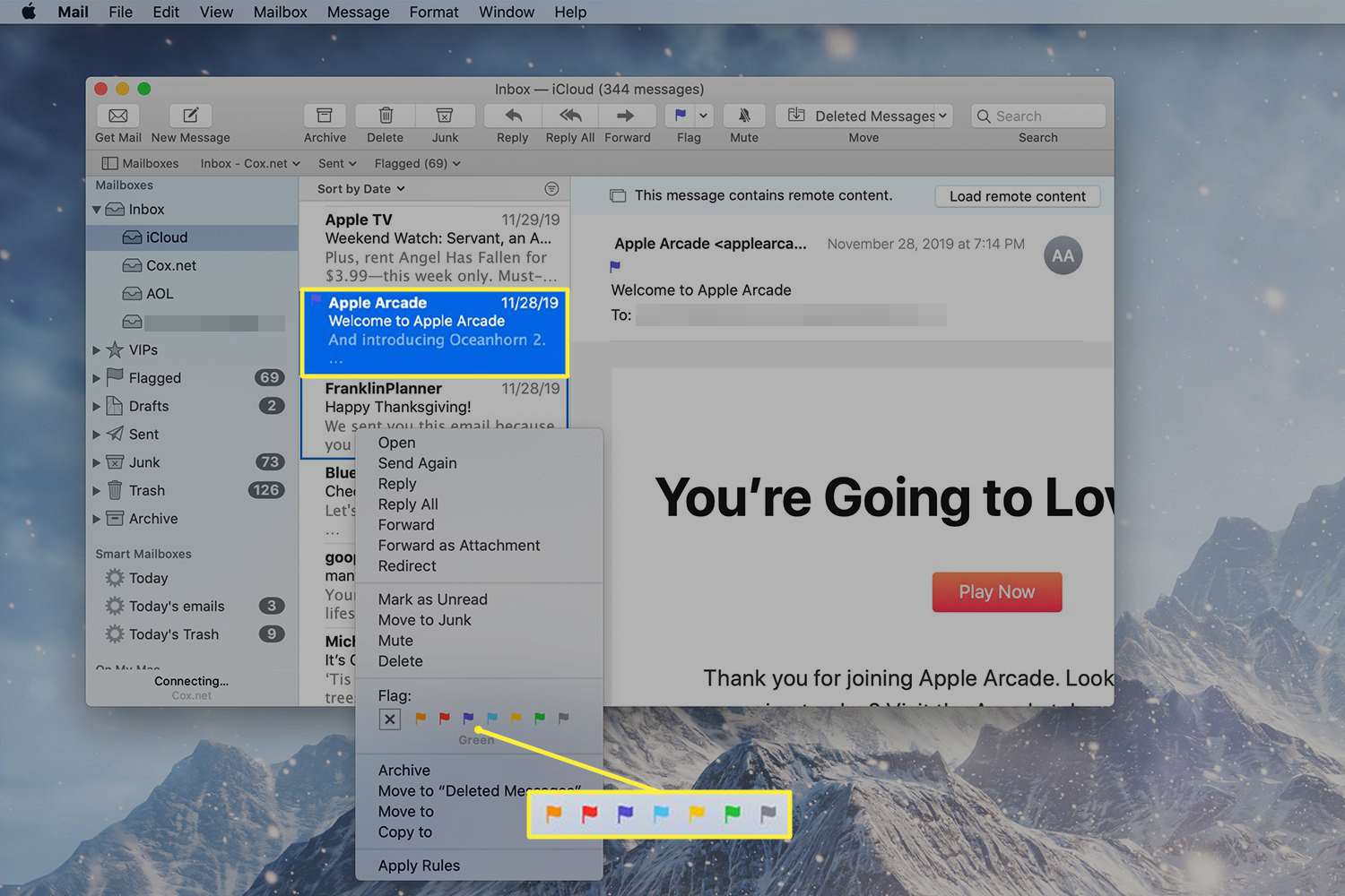 Pravým tlačítkem myši klepněte na nabídku pro označování zpráv v Mailu na Macu