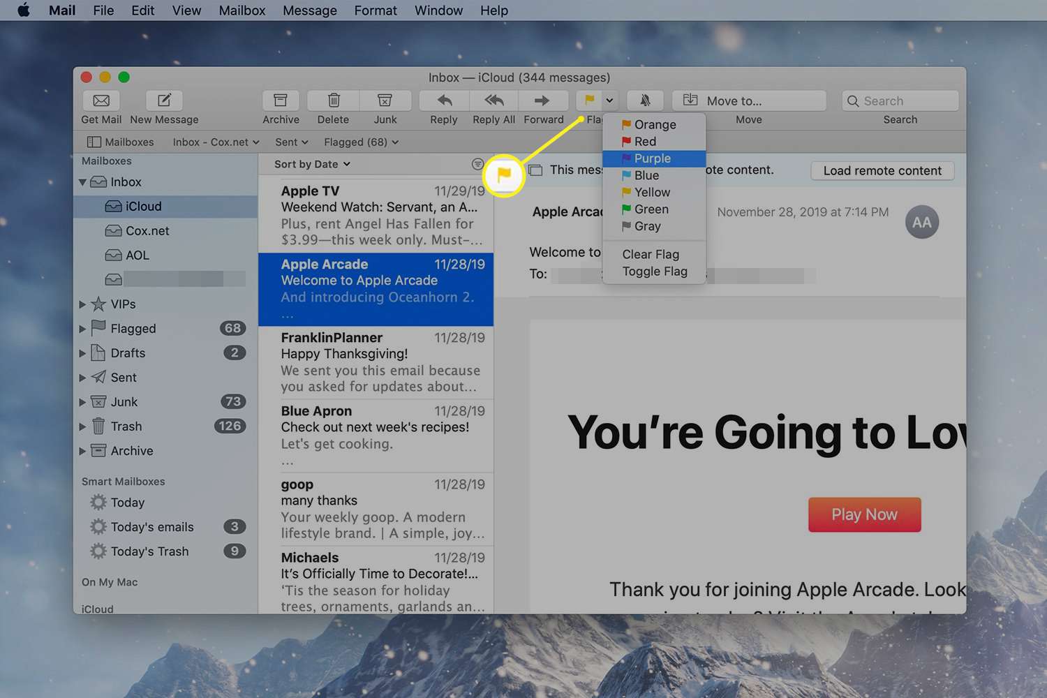 Rozbalovací nabídka Označit v Mailu na Macu