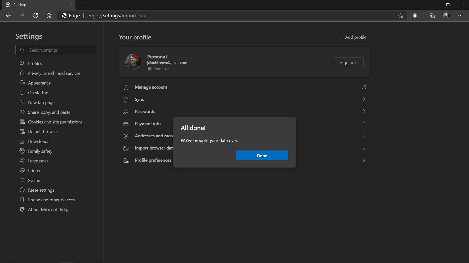 Zpráva o importu hesla byla dokončena v Microsoft Edge.