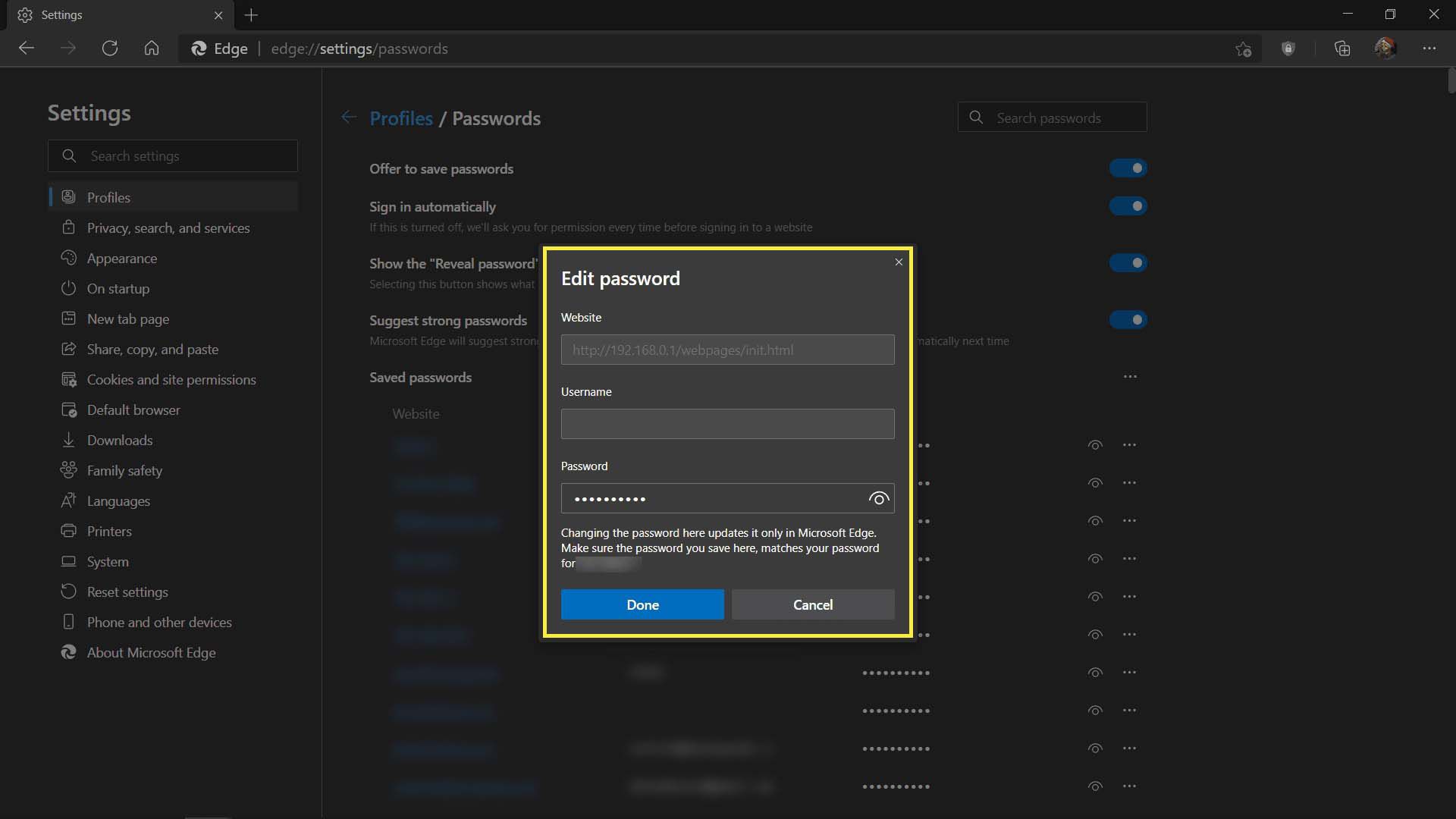 Úpravy hesla v Microsoft Edge.