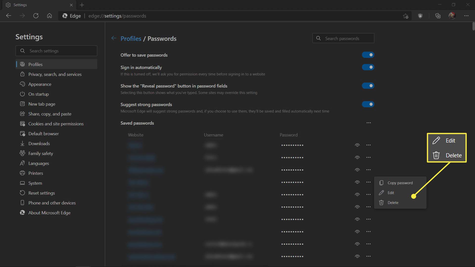 Úpravy nebo mazání tlačítek pro heslo v Microsoft Edge.