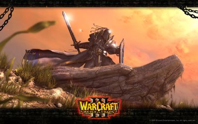 Armored fantasy warrior on a rock from Warcraft III: Reign of Chaos