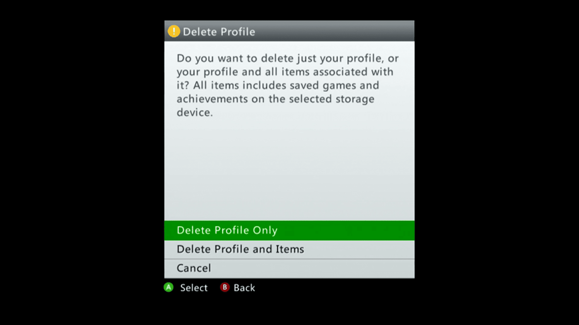 Obrazovka odstranění profilu na konzole Xbox 360.