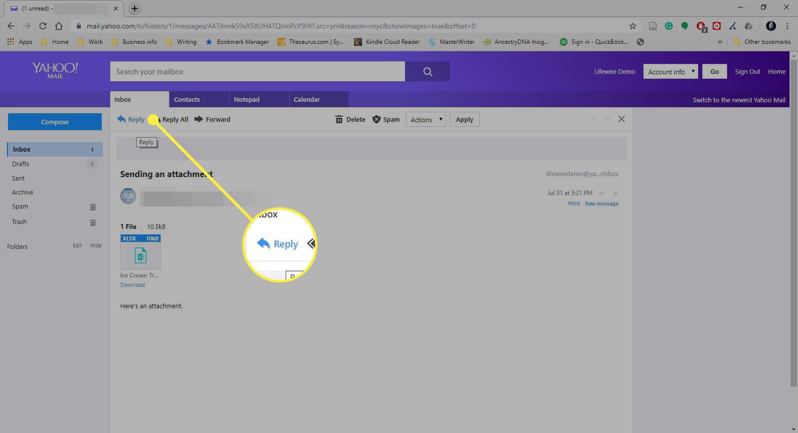 Snímek obrazovky se zprávou v Yahoo Mail Classic se zvýrazněným tlačítkem Odpovědět