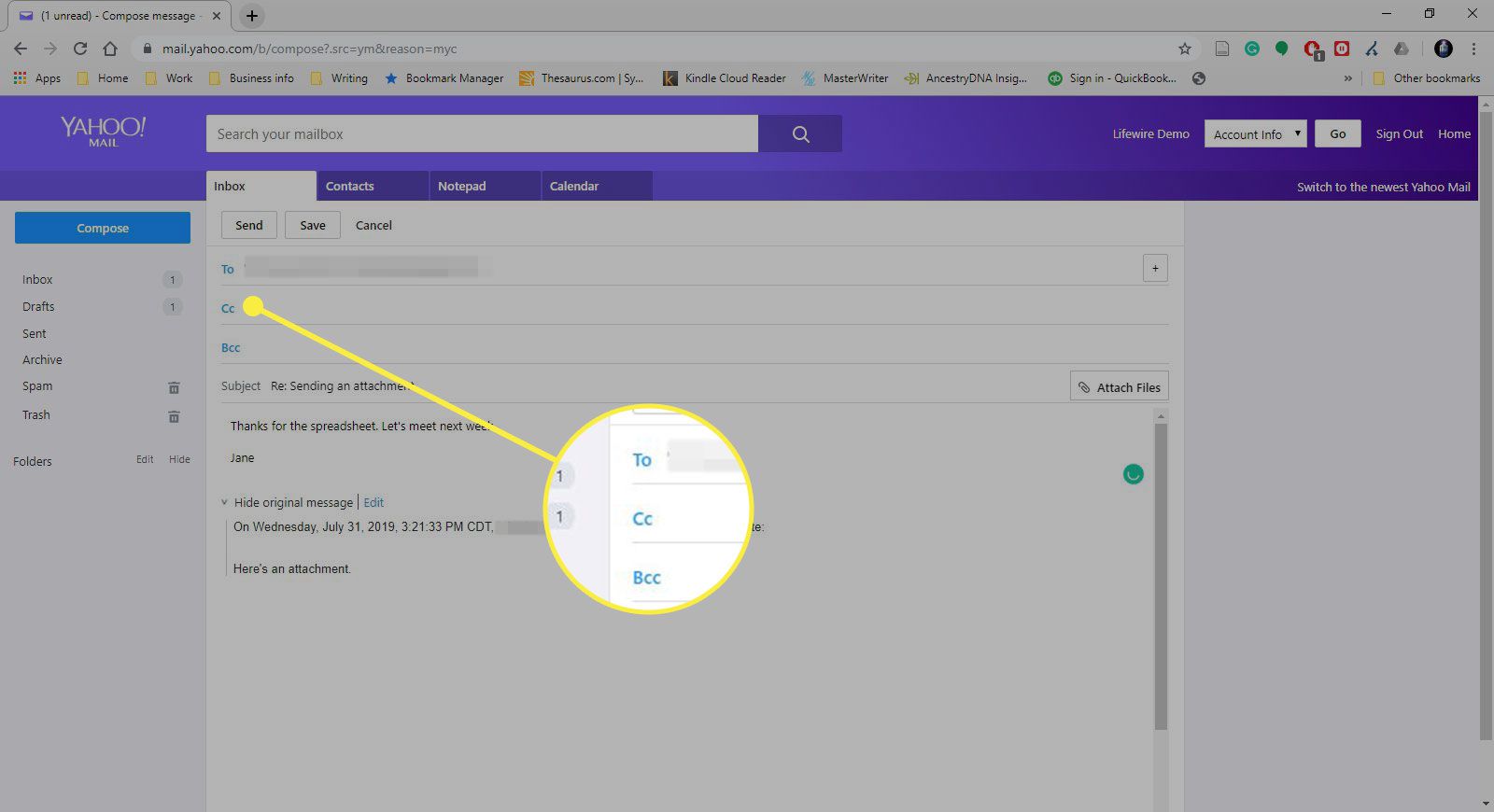 Snímek obrazovky nové zprávy v Yahoo Mail Classic se zvýrazněnými poli Komu, Kopie a Skrytá