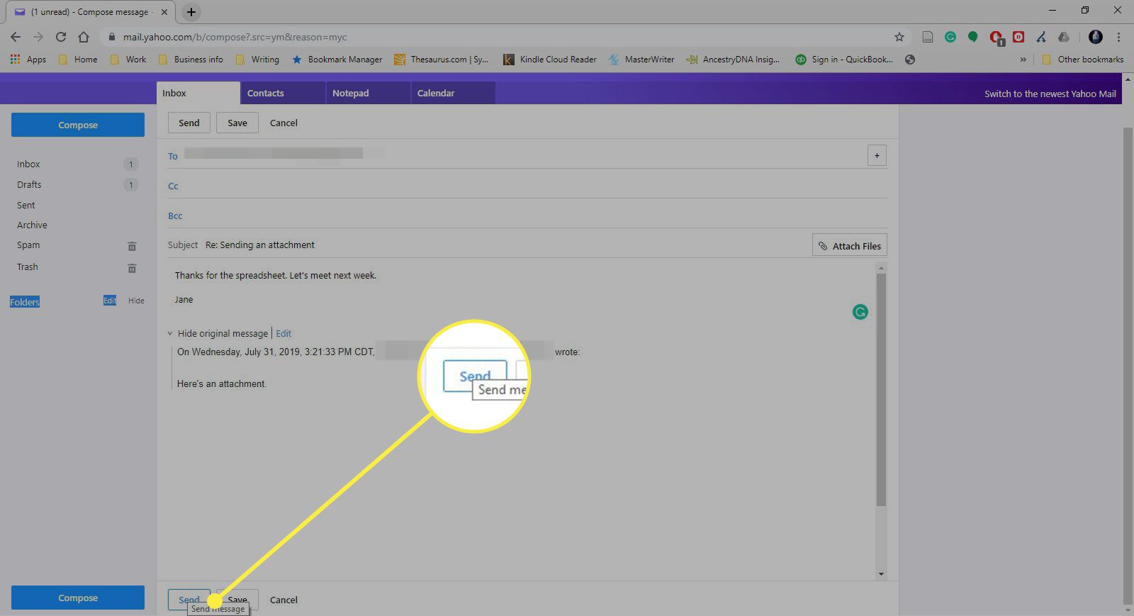 Snímek obrazovky se zprávou v Yahoo Mail Classic se zvýrazněným tlačítkem Odeslat