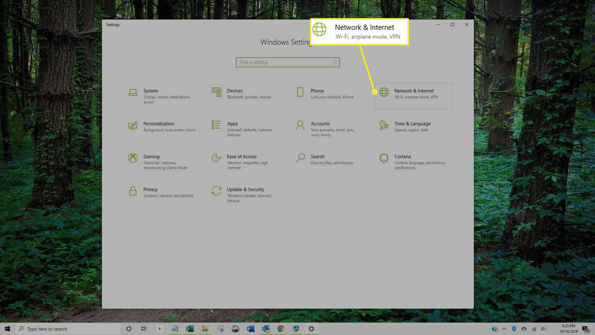 Screenshot obrazovky Síť a internet v Nastavení systému Windows