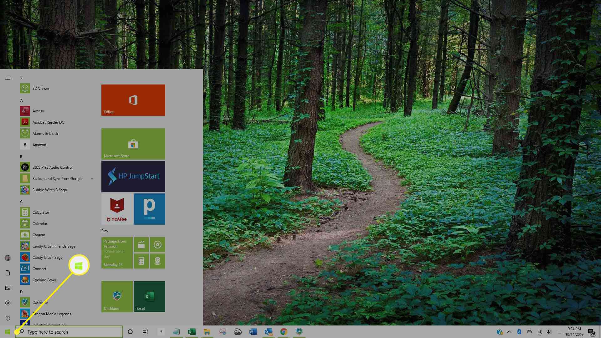 Screenshot nabídky Start systému Windows 10
