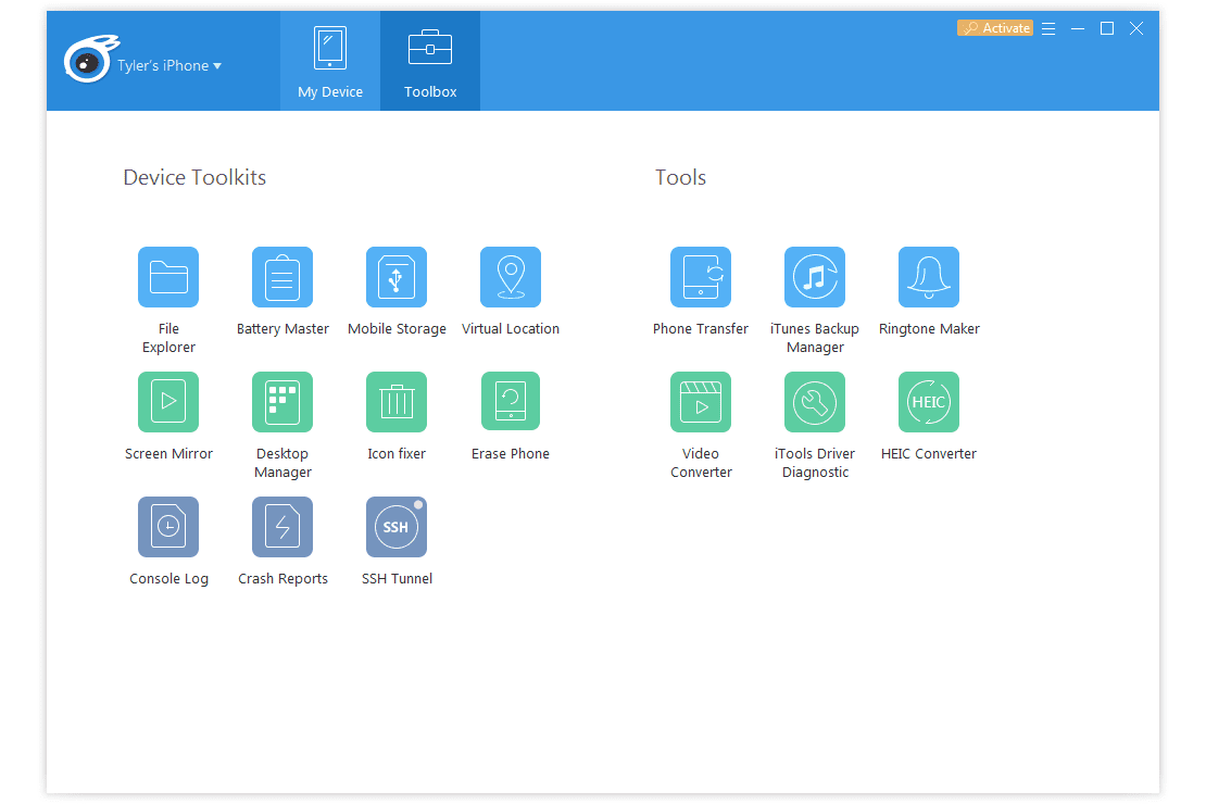 Obrazovka iTools Toolbox pro iPhone ve Windows