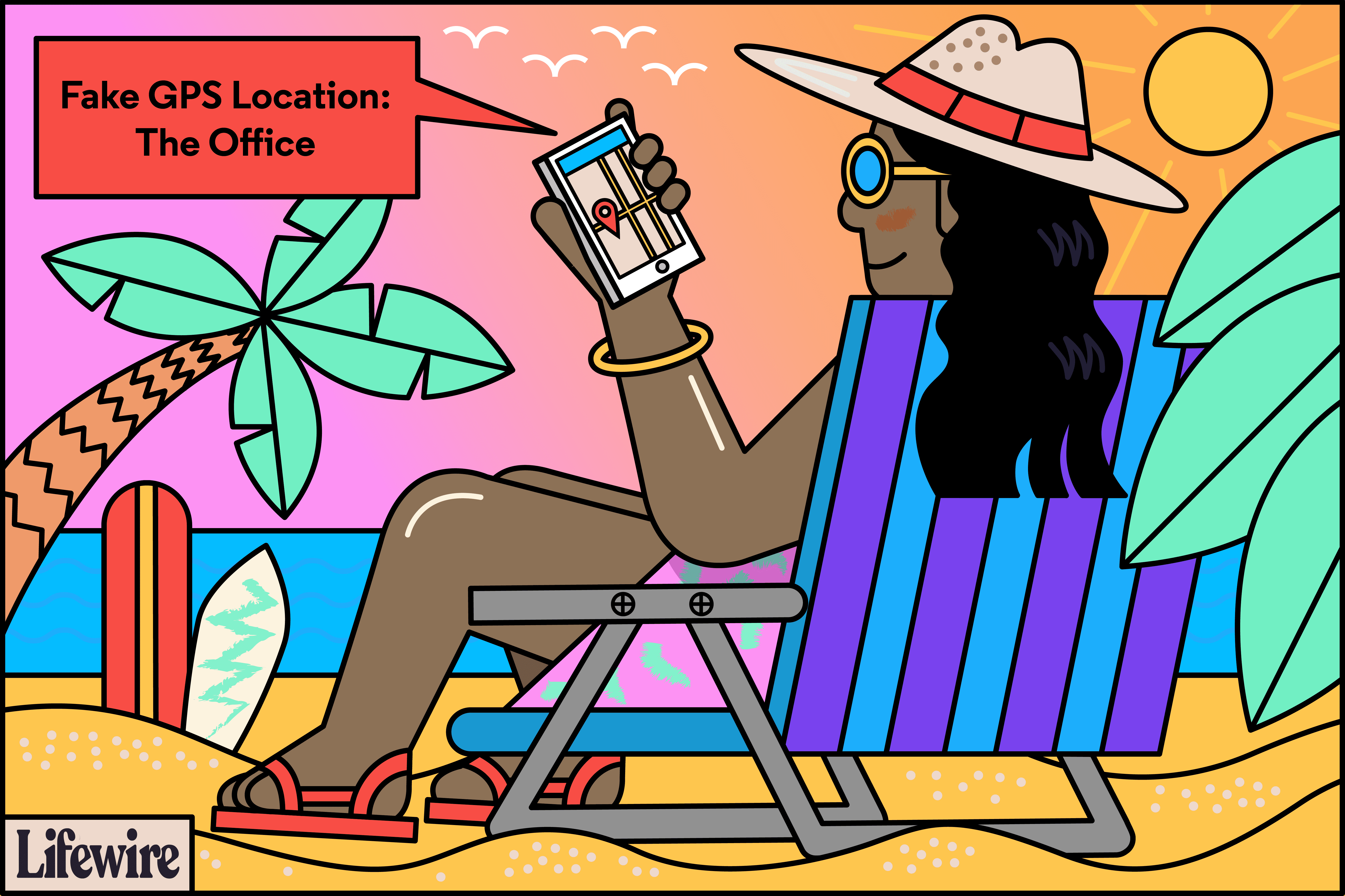 Ilustrace osoby na pláži s nápisem „Fake GPS location: The Office“ vycházejícím z jejich smartphonu