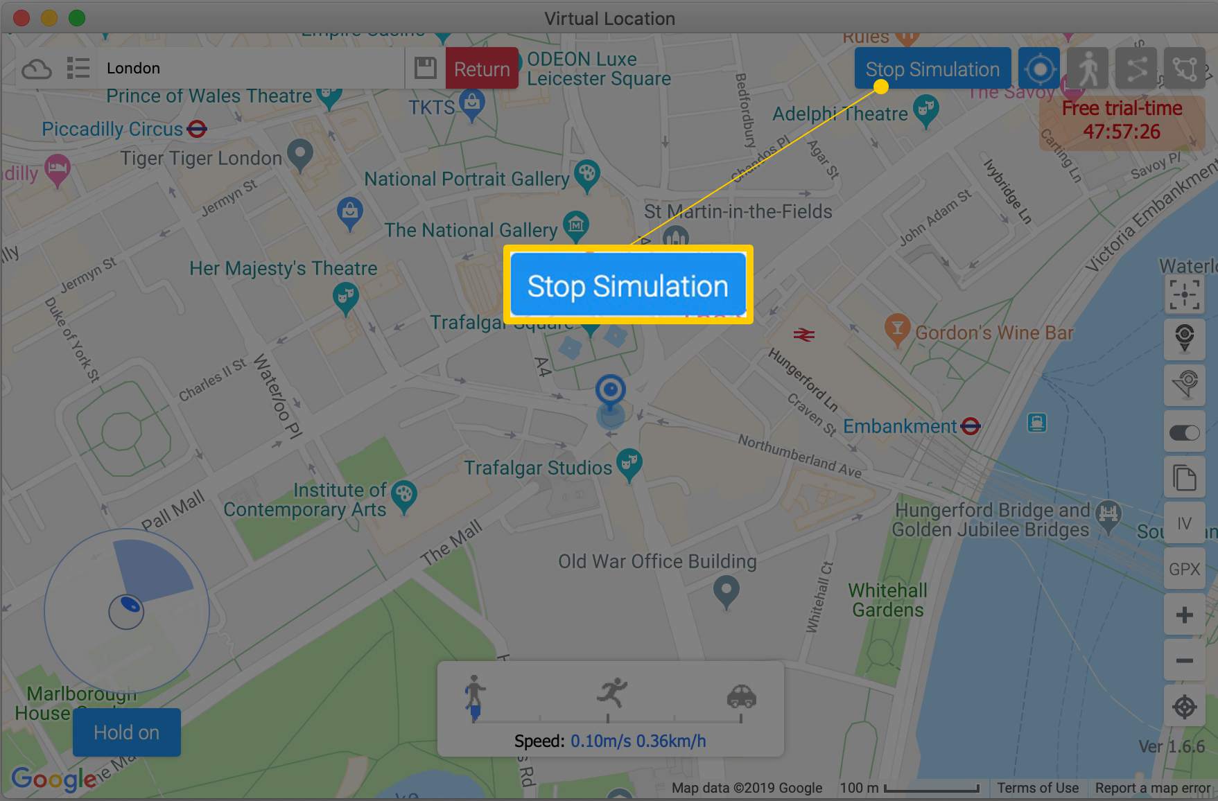 Tlačítko Zastavit simulaci v okně Virtuální umístění iTools