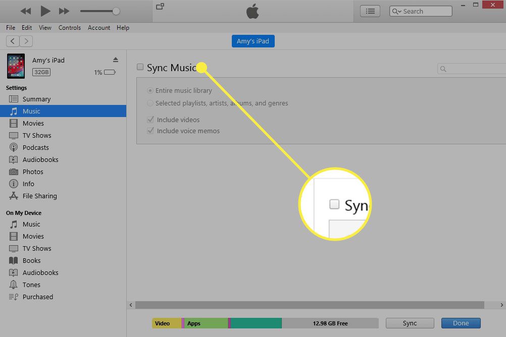 iTunes se zvýrazněnou možností Sync Music