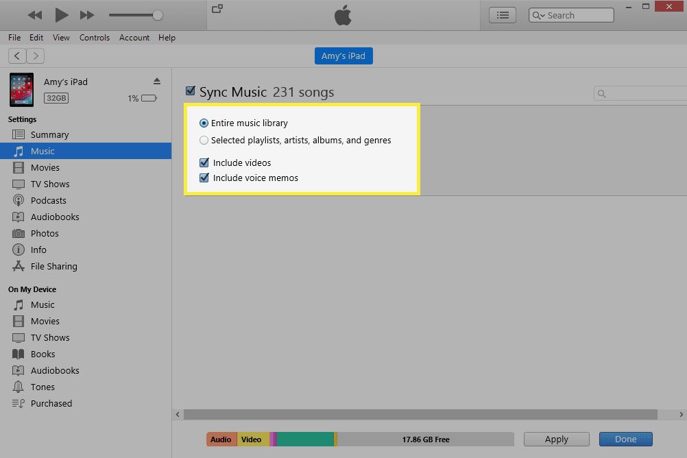 iTunes se zvýrazněnými možnostmi synchronizace