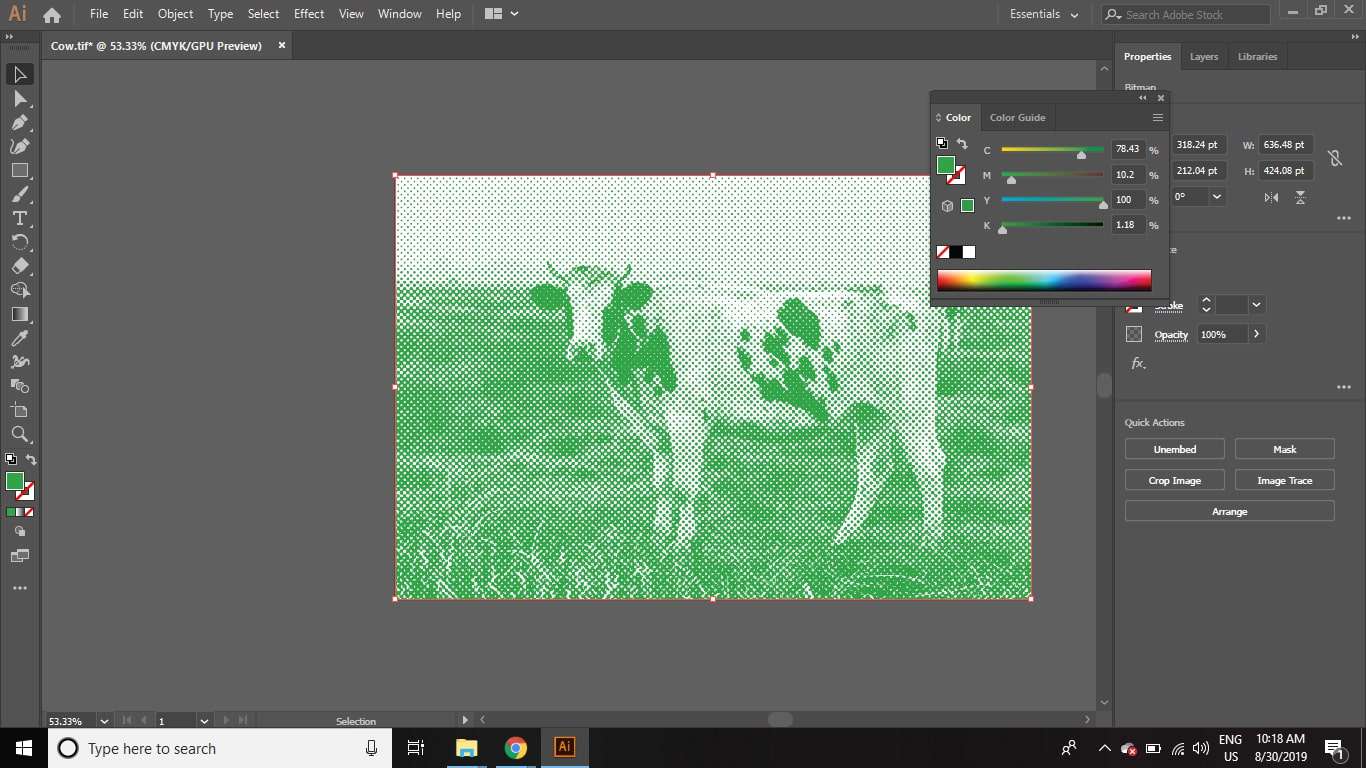 Chcete-li do obrázku polotónů v aplikaci Illustrator přidat barvu, otevřete panel Barva a vyberte barvu.