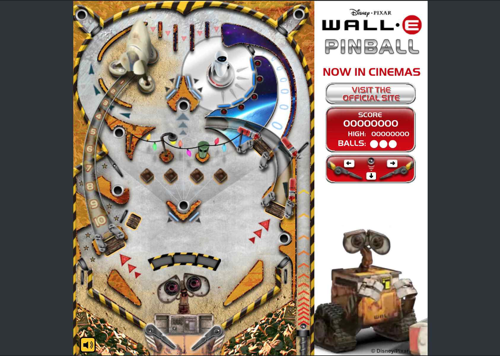 Webová stránka Wall-E Pinball