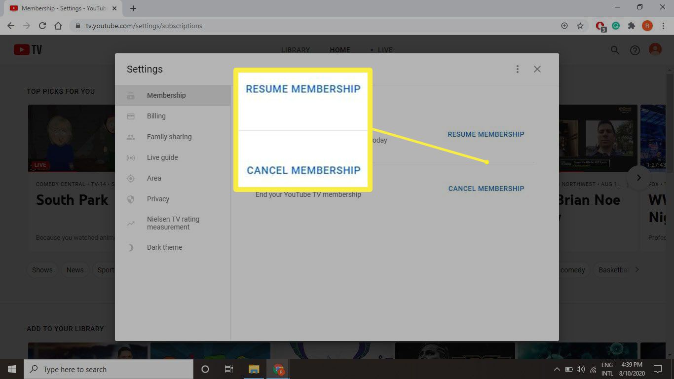 Snímek obrazovky s tlačítky, na které kliknete ohledně obnovení nebo zrušení vašeho členství na tv.youtube.com.