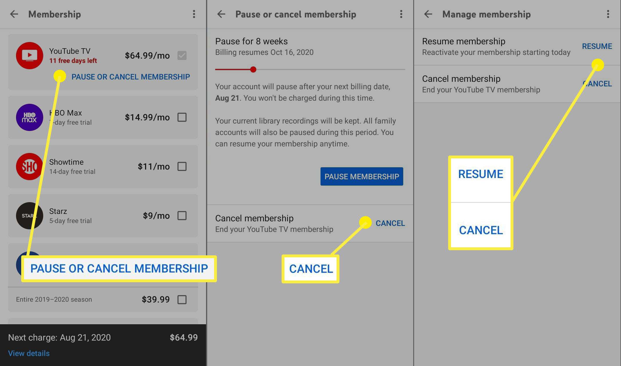 Postup zrušení členství v mobilní aplikaci YouTube TV.
