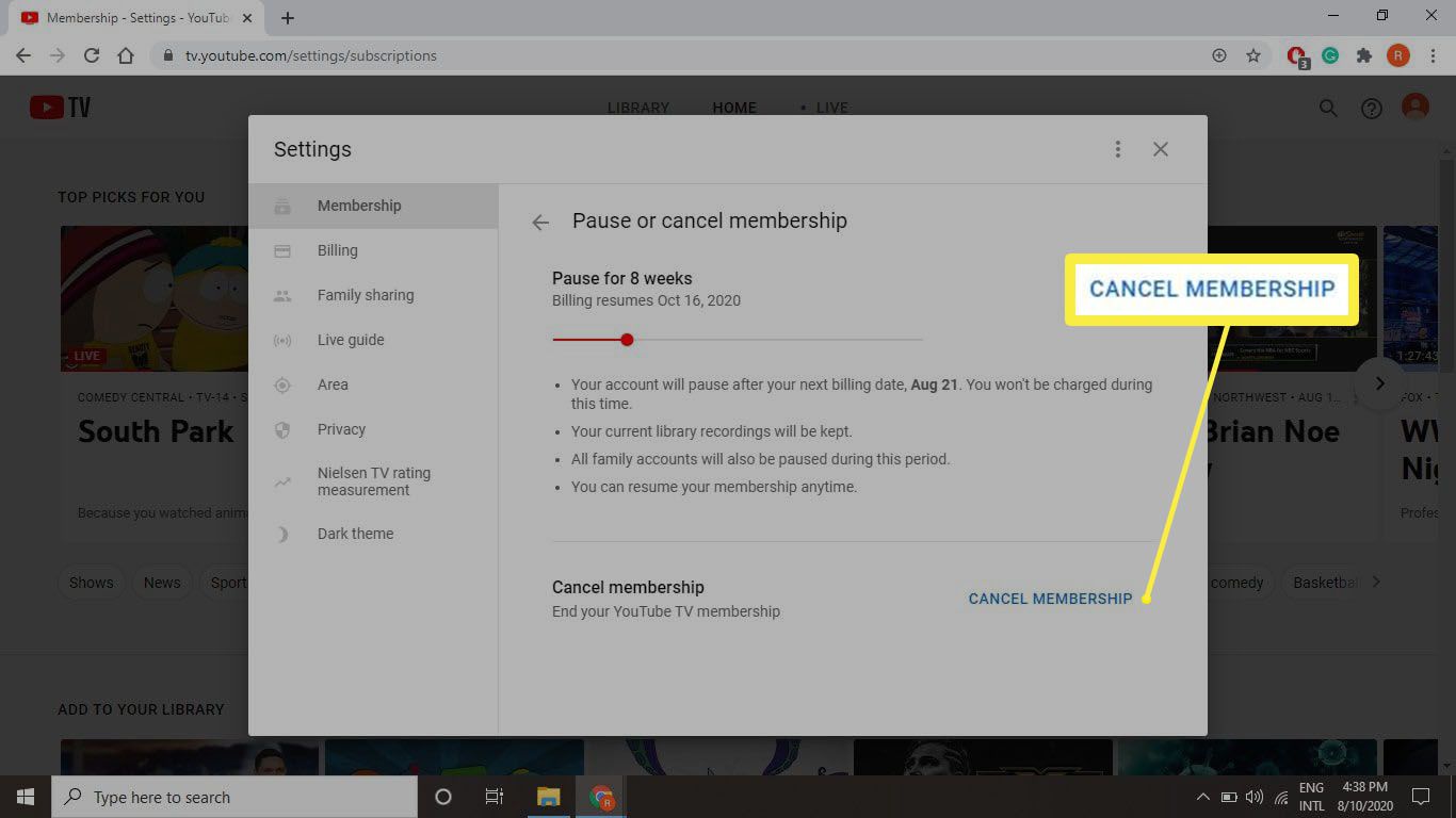 Snímek obrazovky tv.youtube.com, kde můžete zrušit své členství.