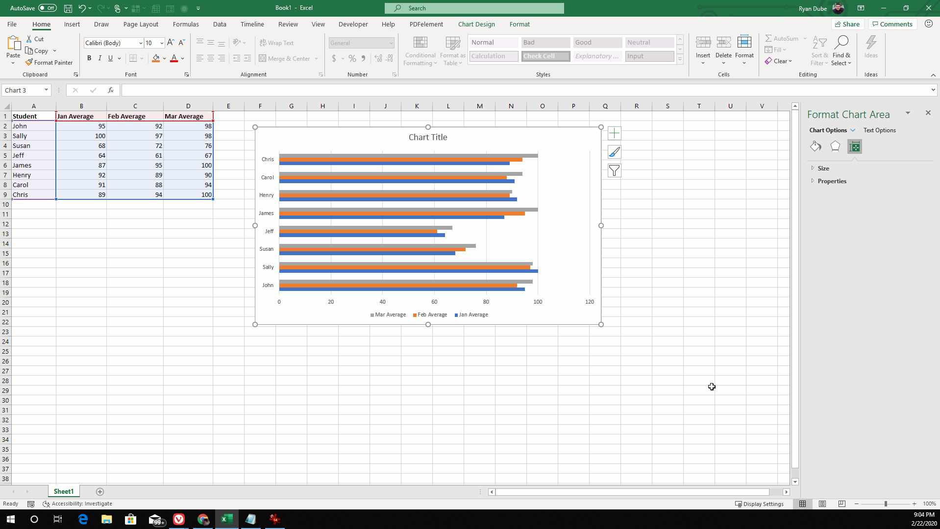 Screenshot přidání dat do sloupcového grafu v aplikaci Excel