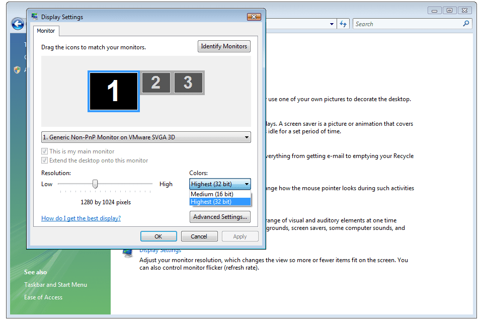 Screenshot nastavení kvality barev systému Windows Vista