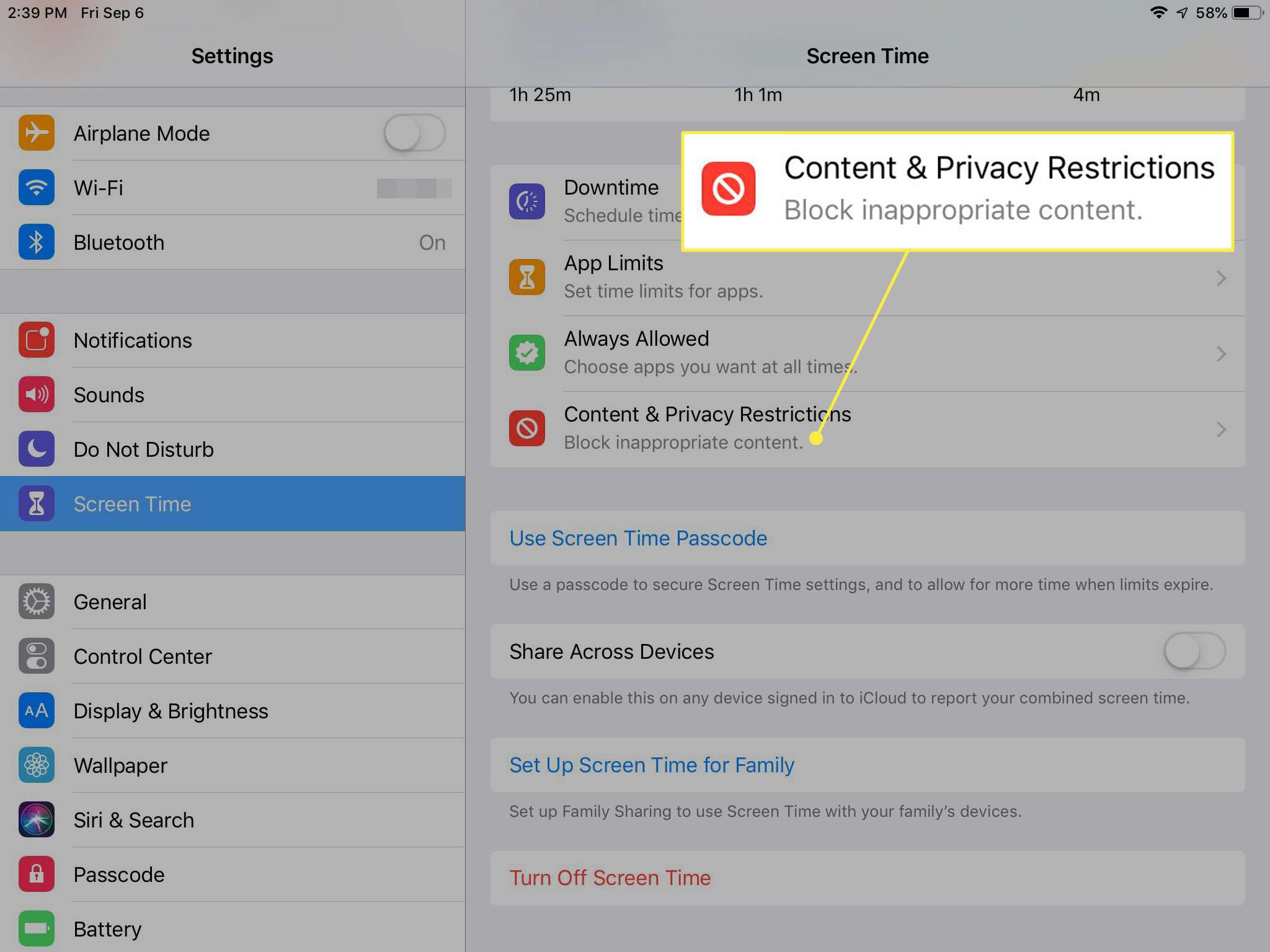 Snímek obrazovky s nastavením času na iPadu pomocí "Omezení obsahu a soukromí" možnost zvýrazněna