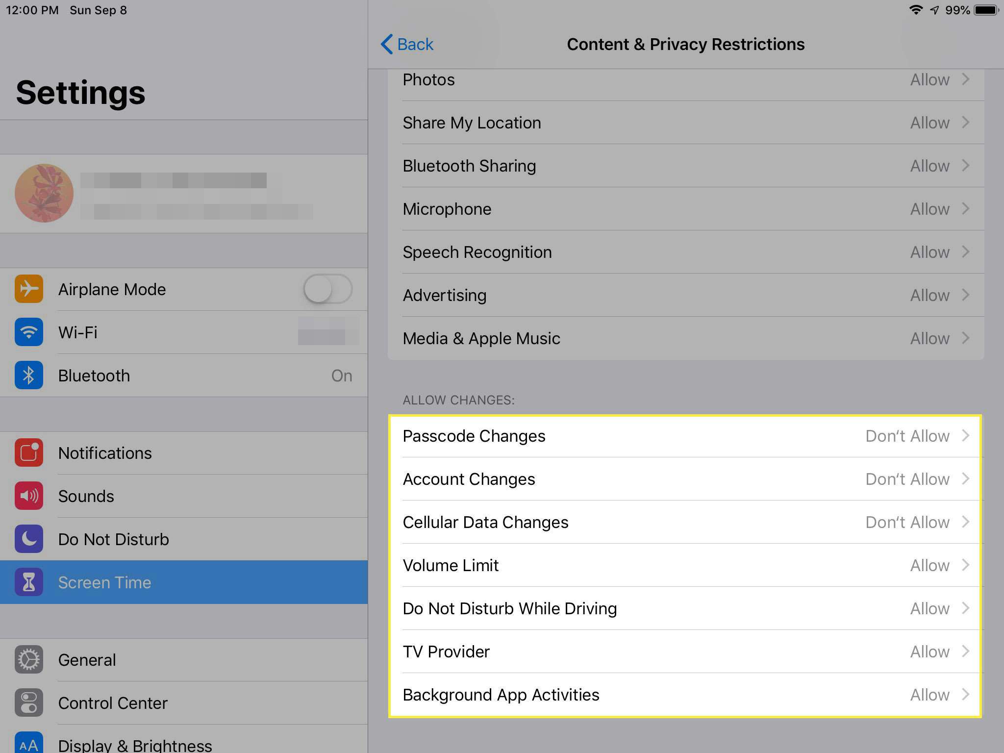 Snímek obrazovky s omezením obsahu a soukromí na iPadu se zvýrazněnou částí Povolit změny