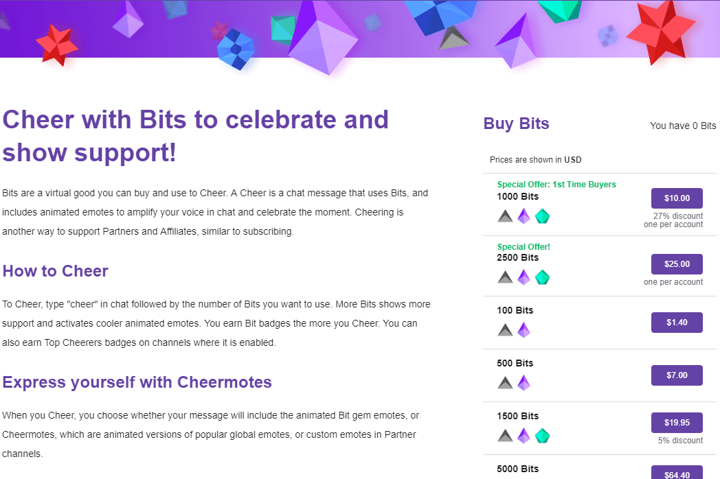 Stránka Twitch Buy Bits