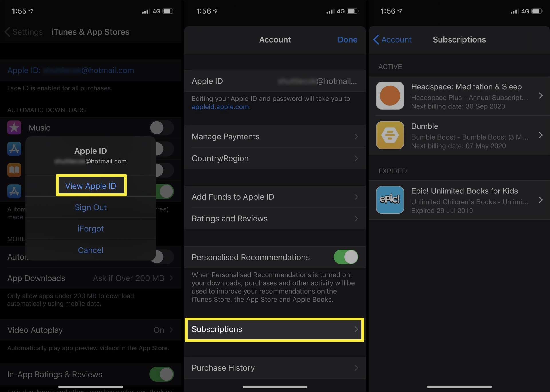 Screenshot aplikace iPhone Settings a předplatného iTunes Store s možnostmi Bumble a Headspace.