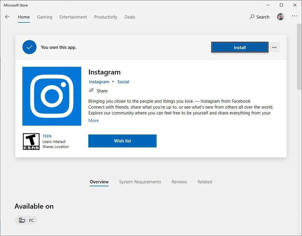 Tlačítko instalace aplikace Instagram v Microsoft Storu