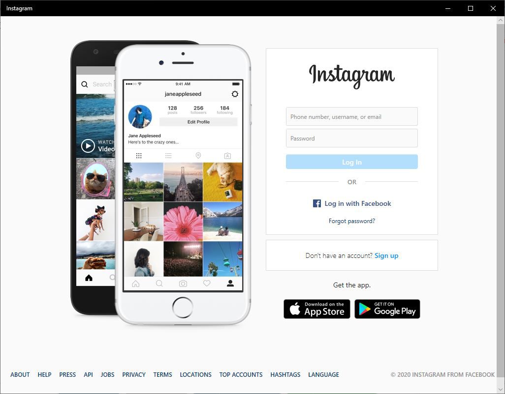 Přihlašovací obrazovka aplikace Windows 10 Instagram