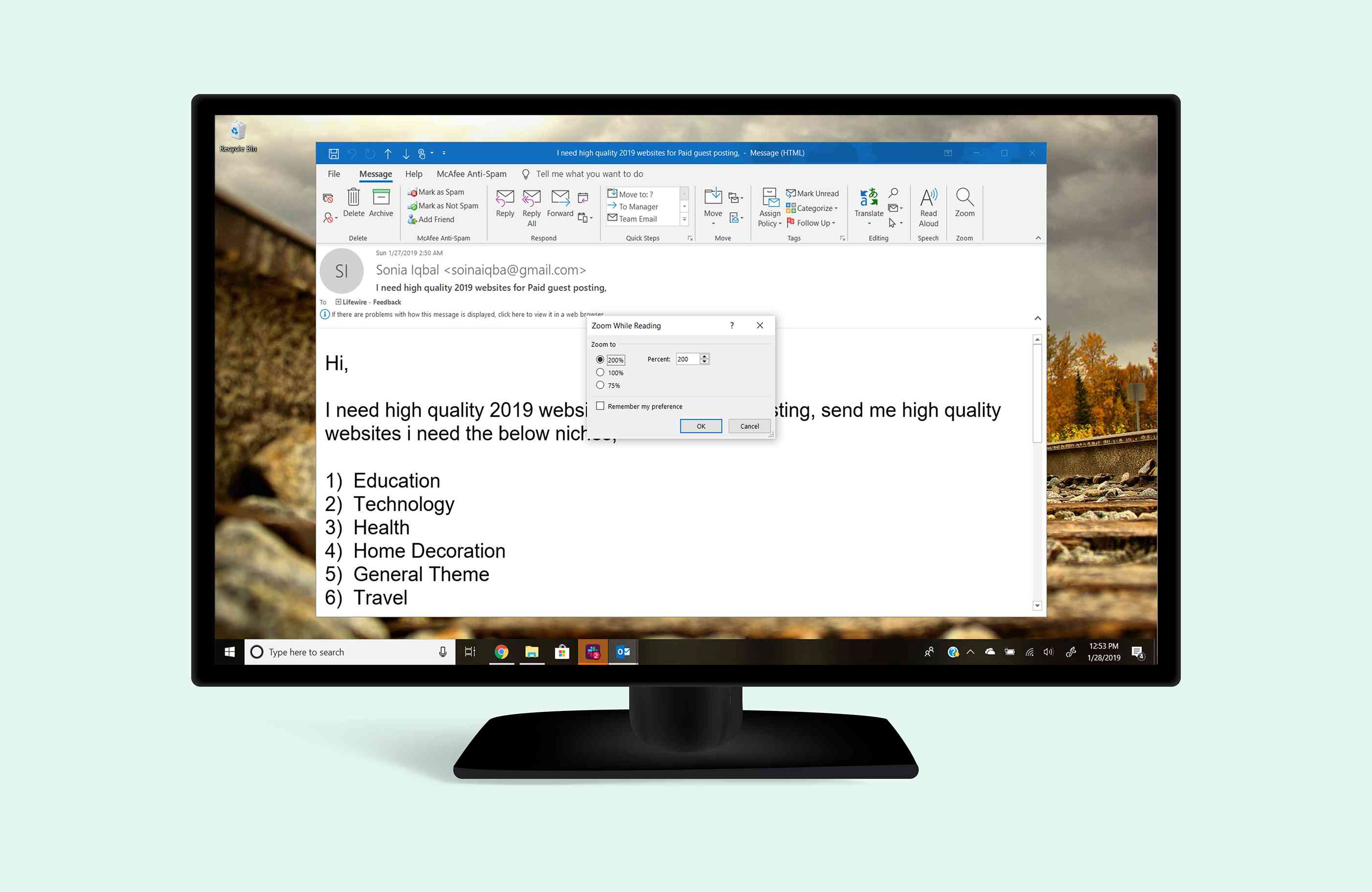 Aplikace Outlook ve Windows 10 zobrazuje dialog Velikost písma