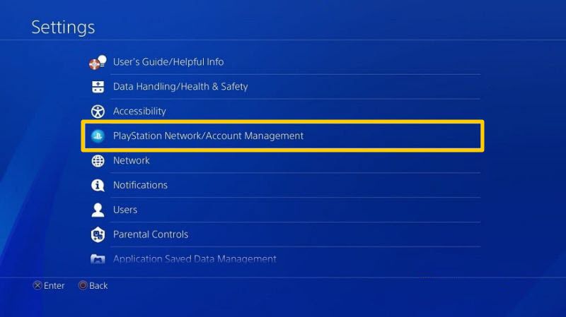 Umístění správy účtu v nabídce Nastavení PS4.