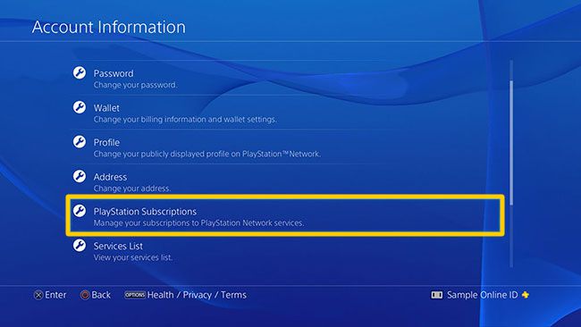 Umístění předplatného PlayStation na obrazovce Informace o účtu PS.