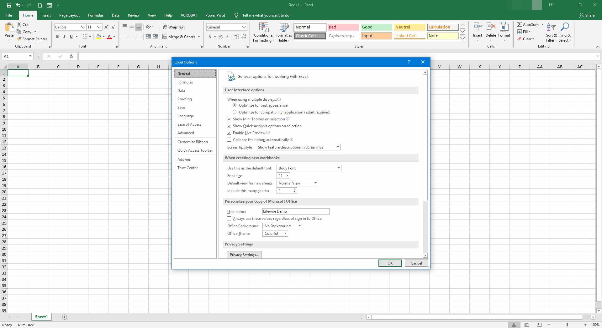 Dialogové okno Možnosti aplikace Excel.