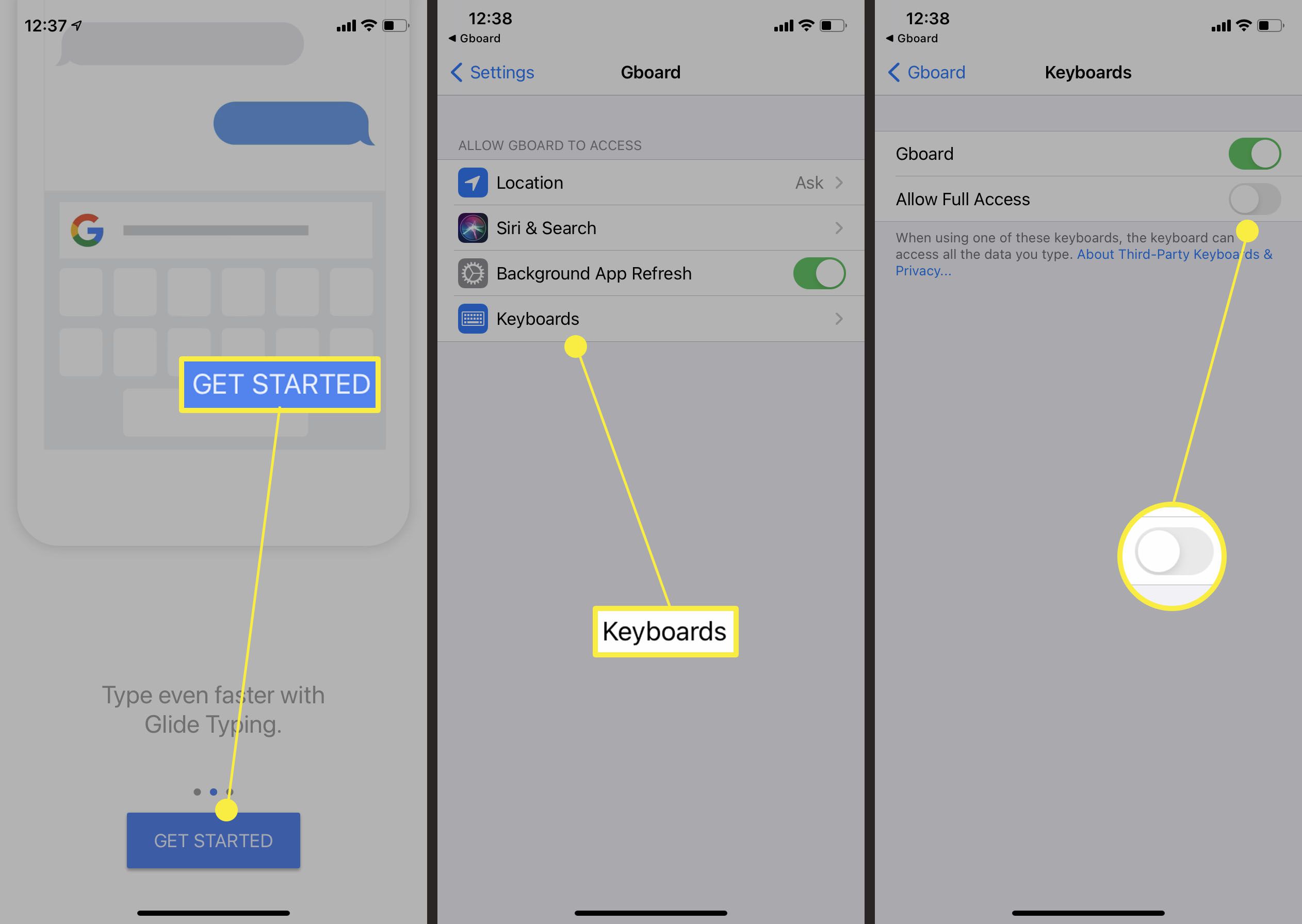V systému iOS jsou vyžadovány kroky, které umožní Gboardu plný přístup ke změně barvy klávesnice