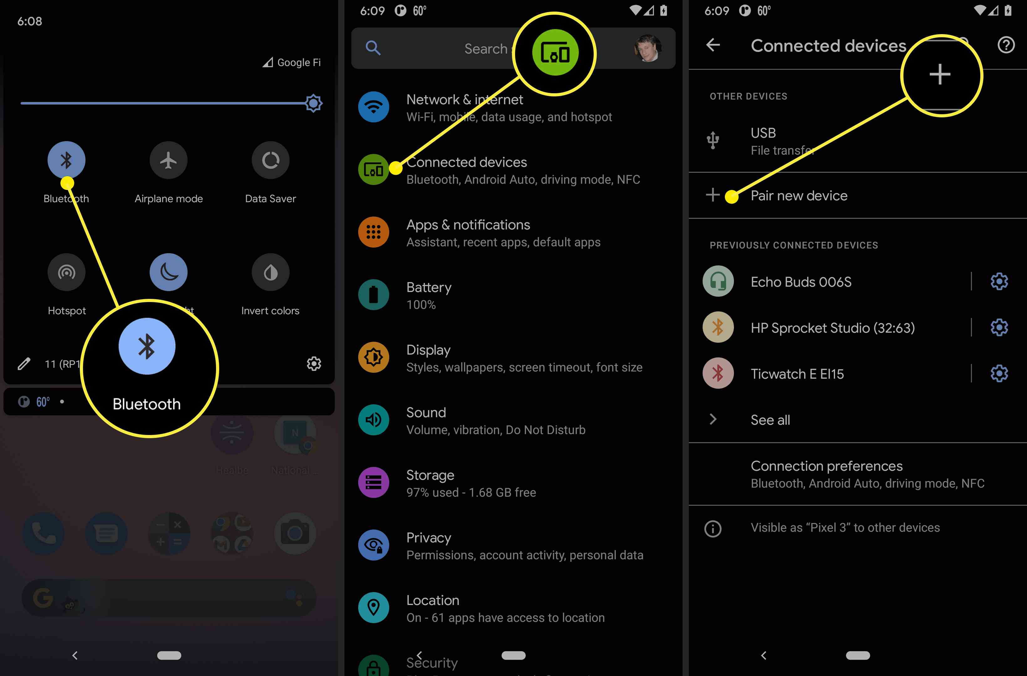 Screenshoty spárování nového zařízení s telefonem Android.