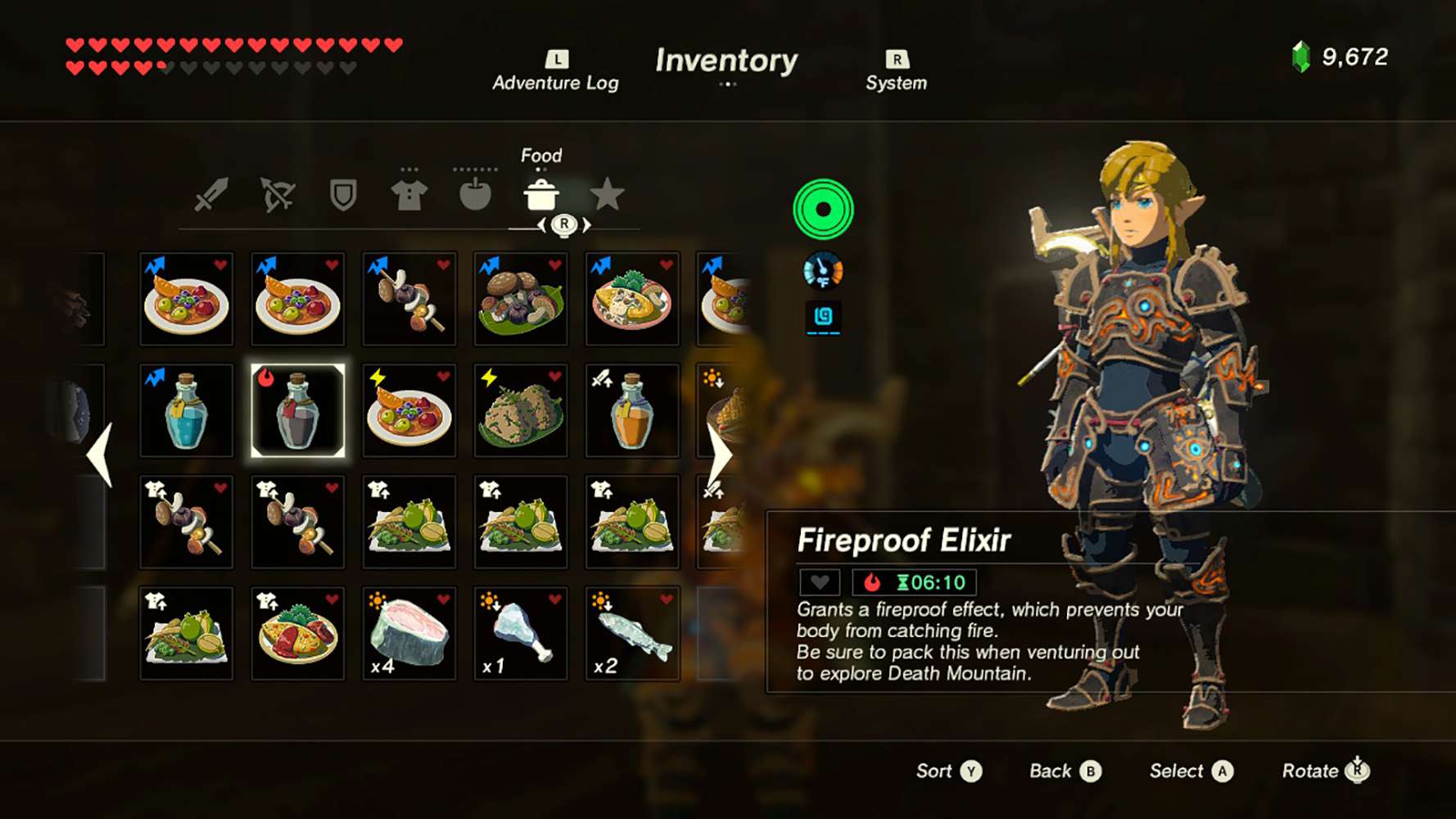Screenshot z inventáře s elixírem v Legend of Zelda: Breath of the Wild