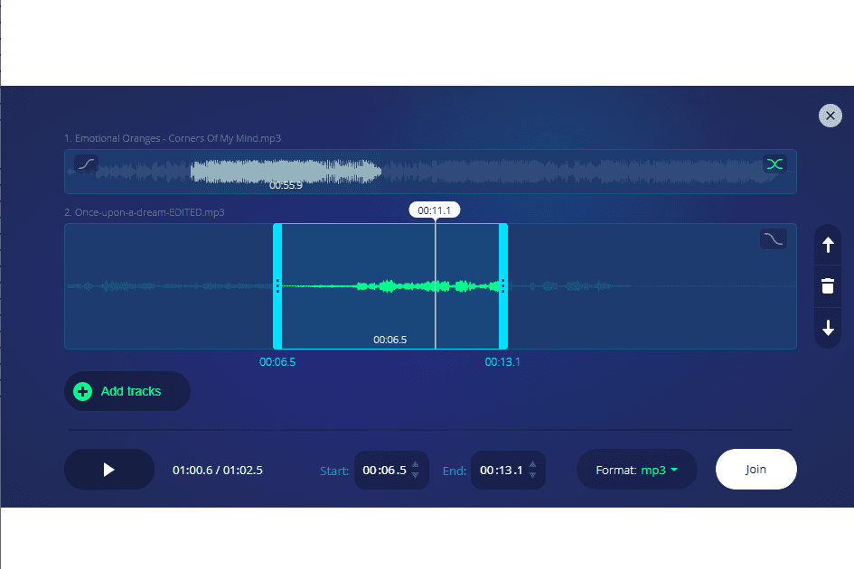 Audio-joiner.com se dvěma zvukovými soubory