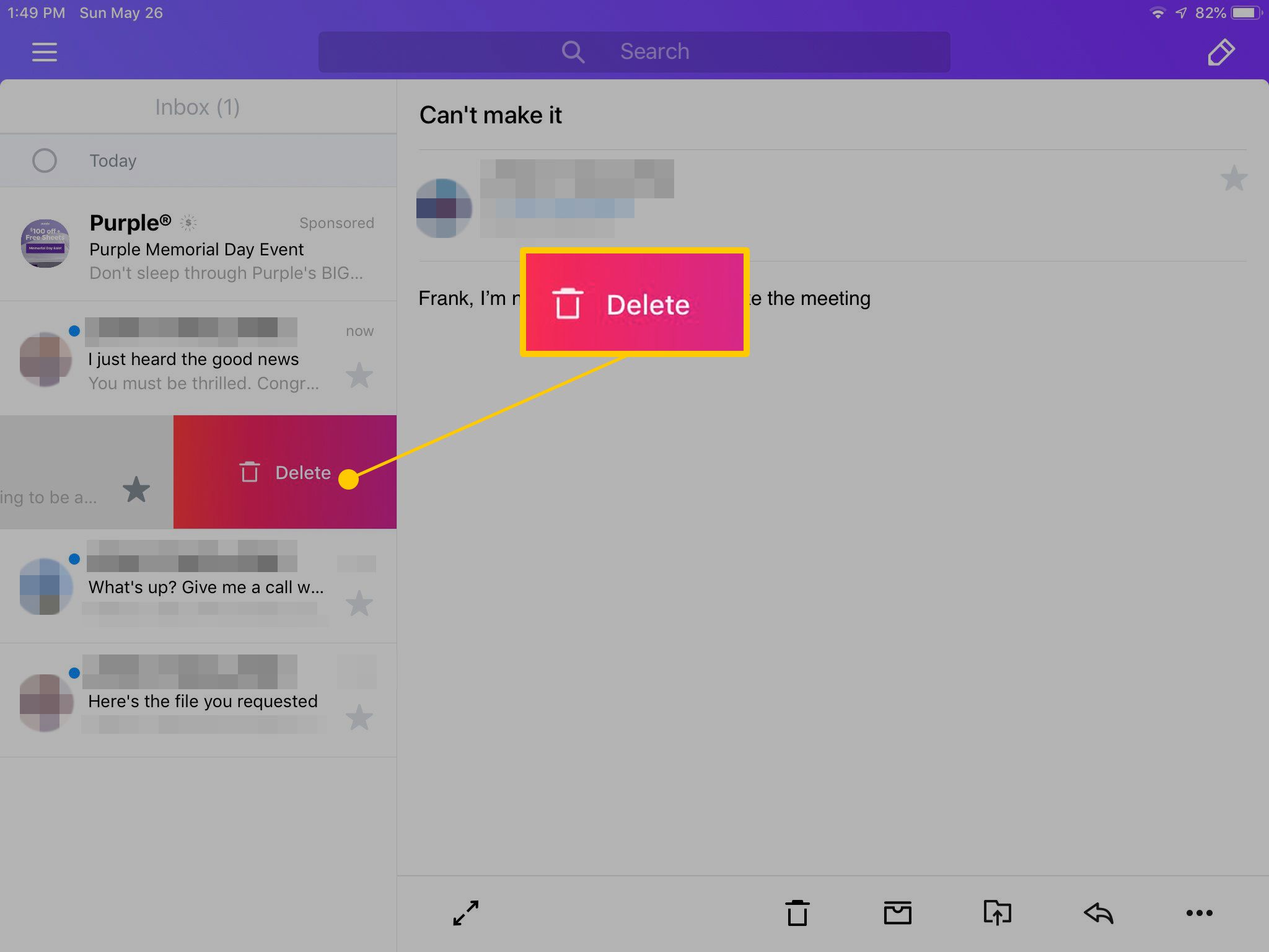 Tlačítko Odstranit v aplikaci Yahoo Mail pro iPad