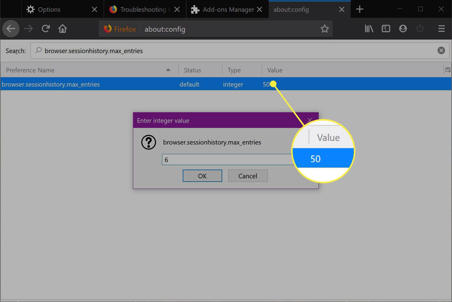 Hodnota Max Entries ve Firefoxu