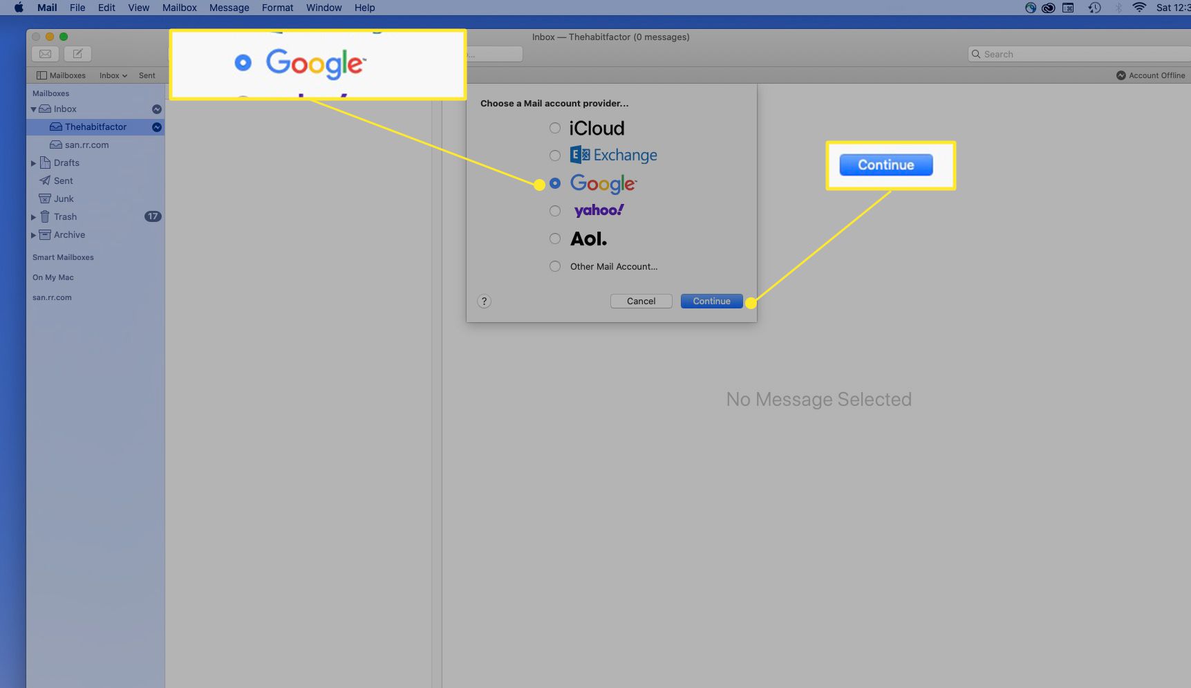 Možnost Google v Přidat účet pro poštu