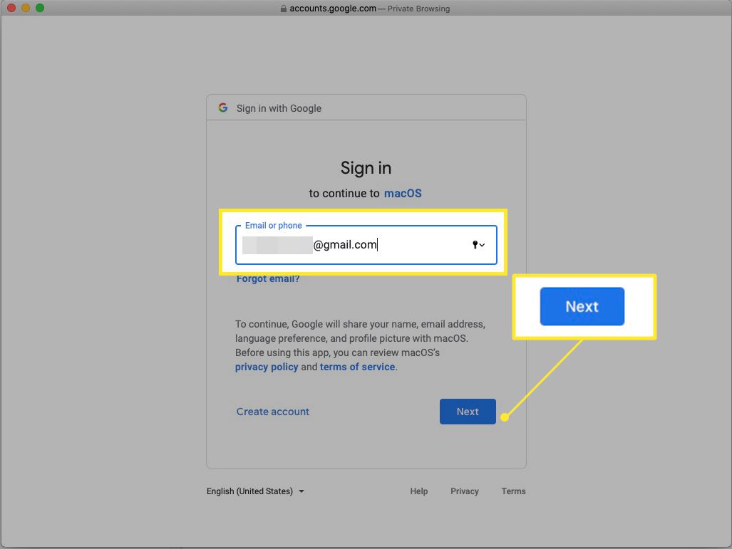 Přihlašovací obrazovka Gmailu se zvýrazněnou adresou Gmailu a Další