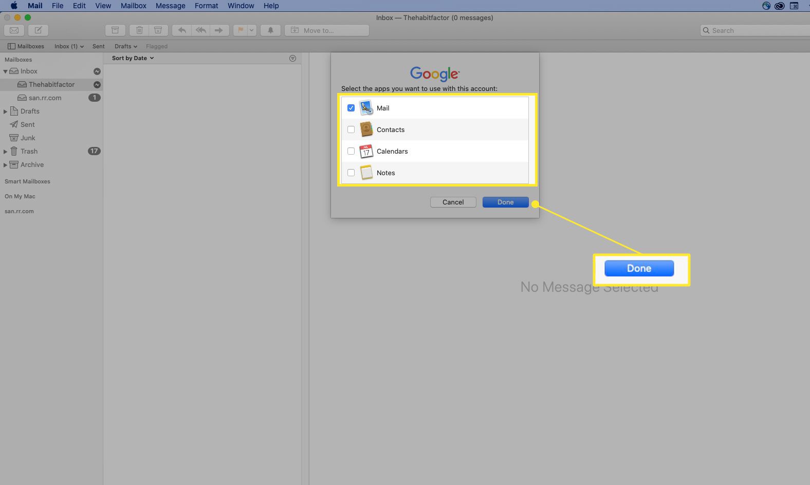 Možnosti synchronizace s macOS v Gmailu zvýrazněny a zvýrazněno Hotovo