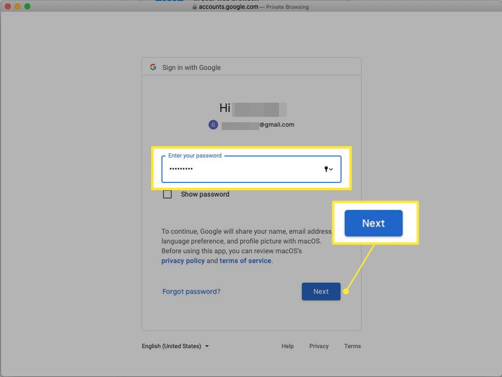 Přihlašovací obrazovka Gmailu se zvýrazněným heslem a Dalším