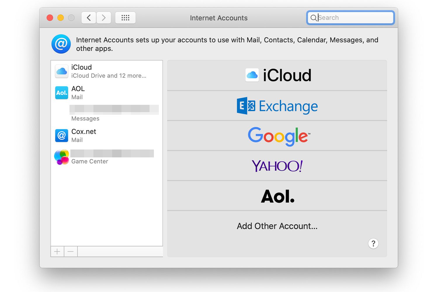 Obrazovka předvoleb systému Internetové účty v systému macOS