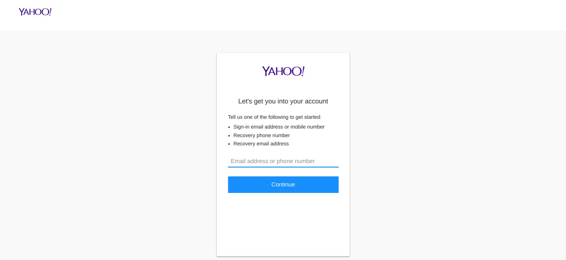 Screenshot procesu obnovy účtu Yahoo Mail s výzvou k odeslání e-mailu nebo telefonního čísla