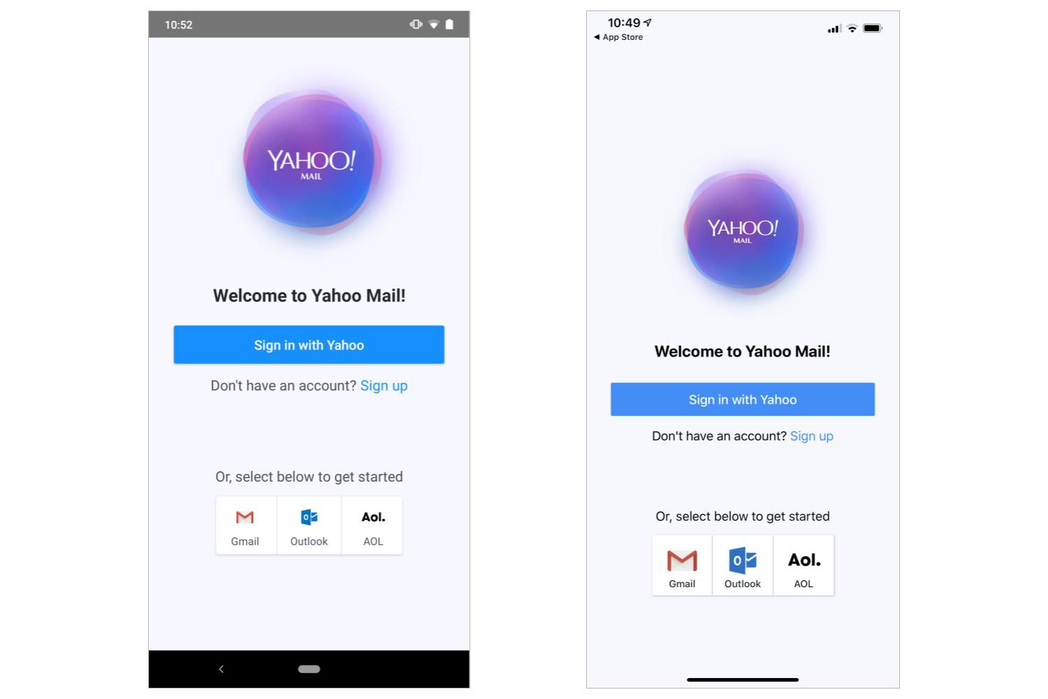 Screenshot obrazovky pro přihlášení k aplikaci Yahoo Mail (Android vlevo, iOS vpravo)