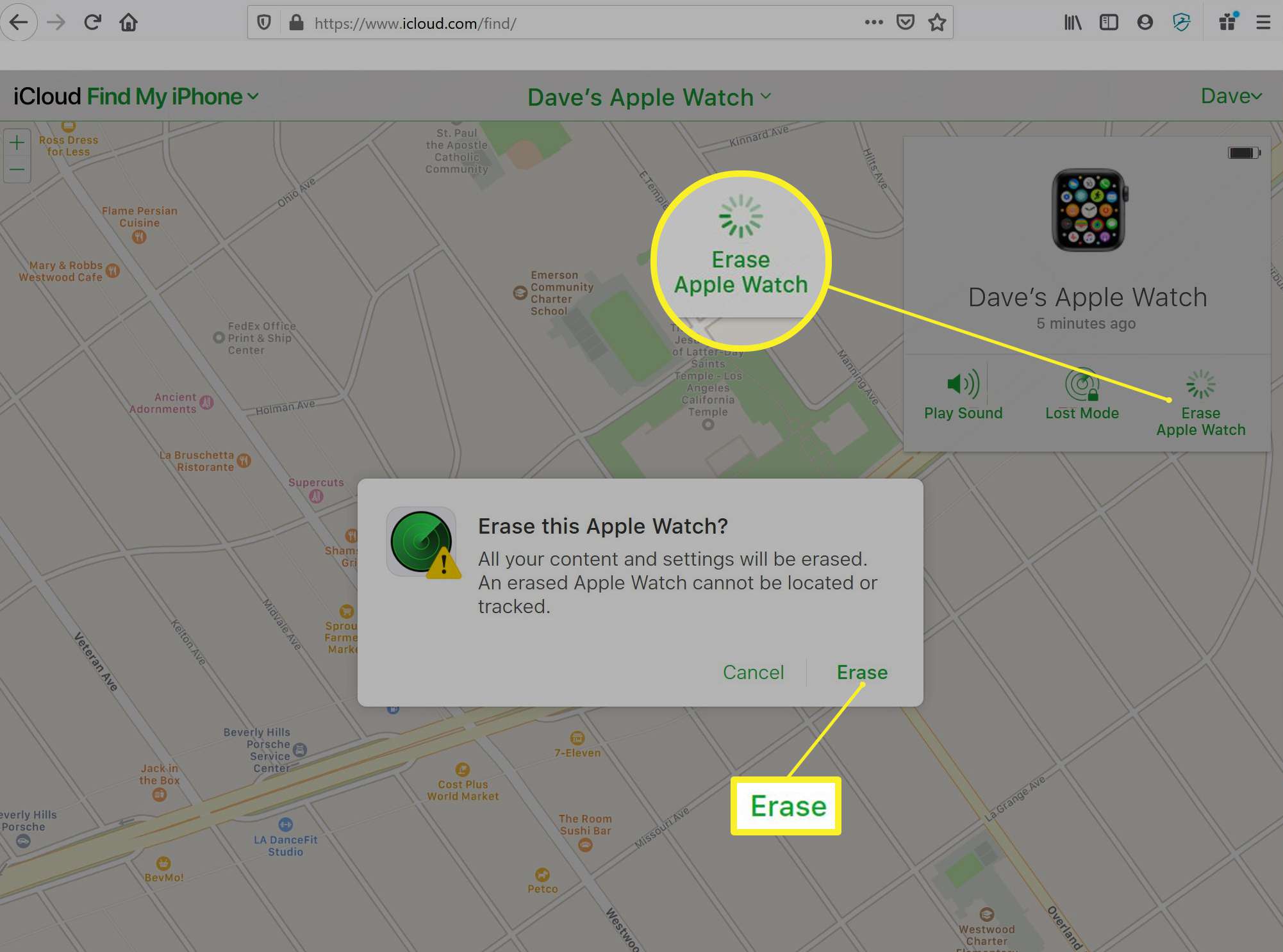 Odebrání aktivačního zámku a vymazání Apple Watch na webu iCloud